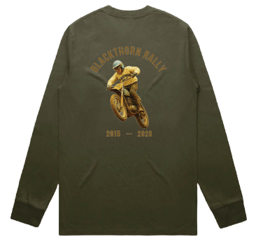 Blackthorn Rally 10th Anniversary green long sleeve t-shirt.