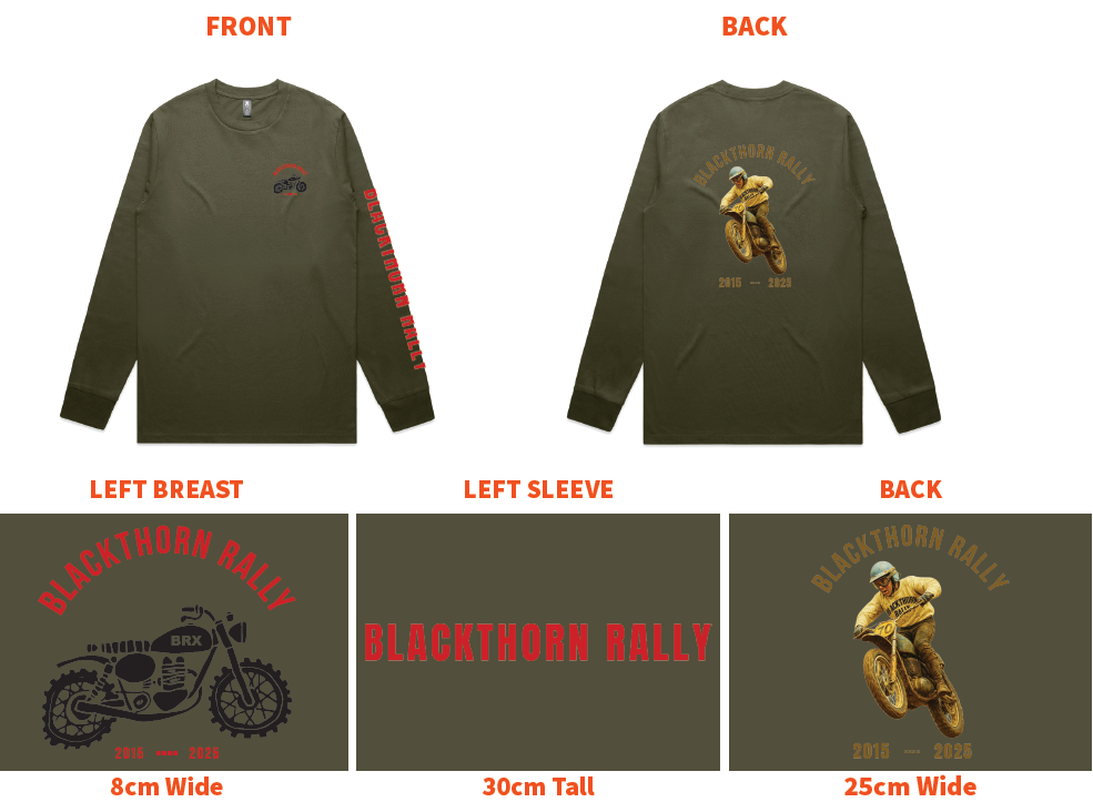 Blackthorn Rally 10th Anniversary green long sleeve t-shirt.